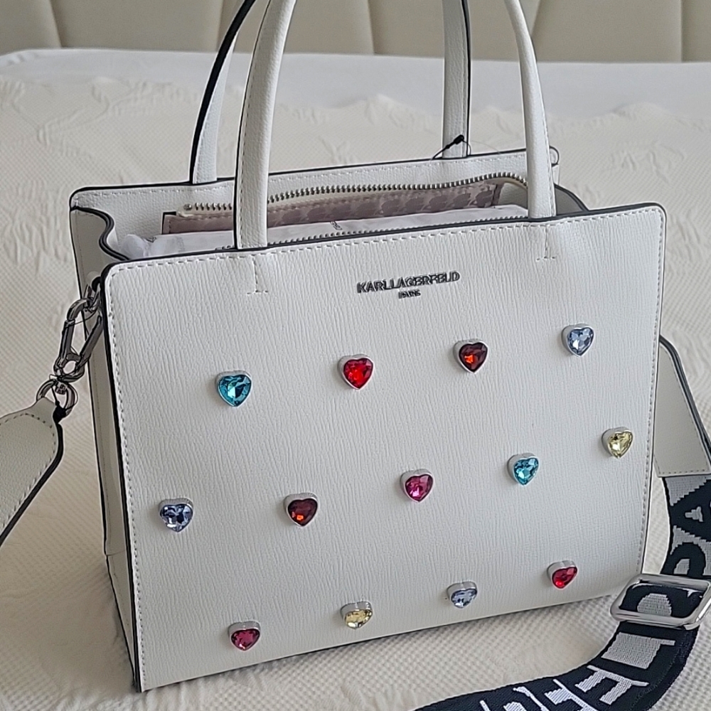 NWT Karl Lagerfeld LH2DU8BJ wvt wht/rainbow gemstone hearts detail satch…